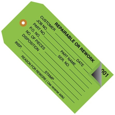 Bsc Preferred 4 3/4 x 2-3/8'' - ''RePairsable or Rework'' Inspection Tags 2 Part - Numbered 000 - 499, 500PK BUY00019483